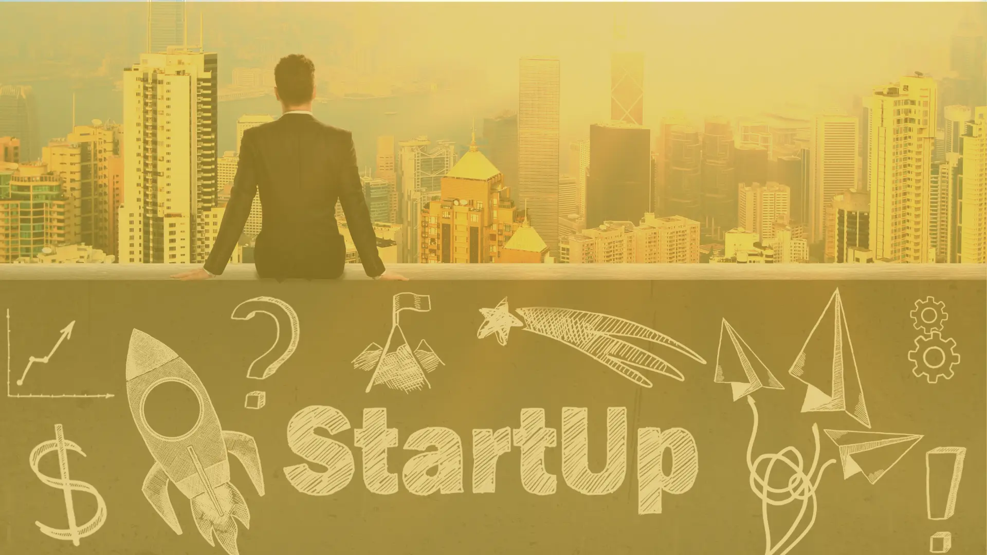 Entrepreneur overlooking city skyline with startup icons, symbolizing business financing without collateral for new ventures
